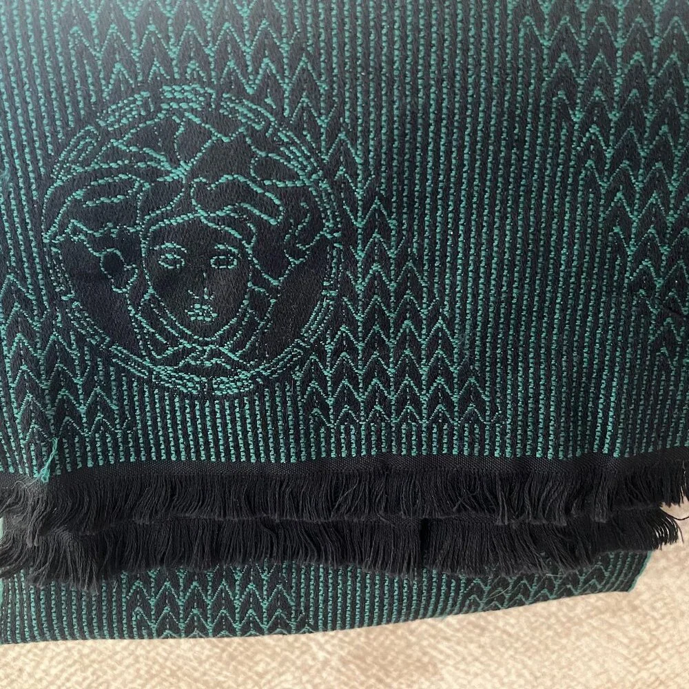 Versace Green Black Medusa Scarf Fringe Men's Women's